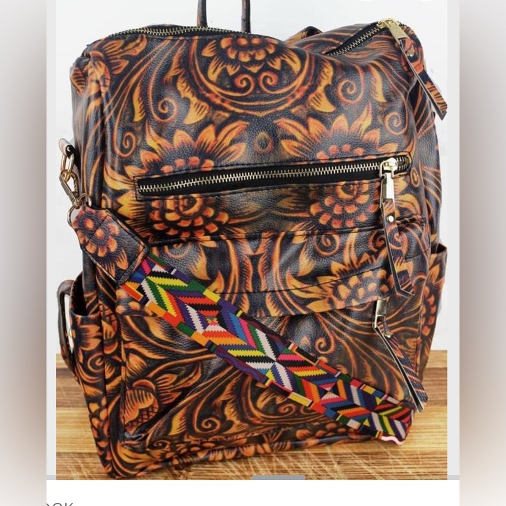 Floral Patterned Leather Backpack with Detachable Reversable Strap- NWT
